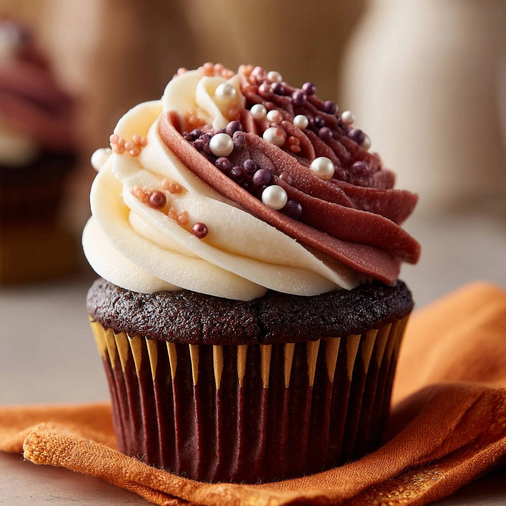 Samtige Beeren-Cupcakes mit kunstvoll aufgespritzt zweifarbigem Frosting und Perlen-Streuseln dekoriert.
