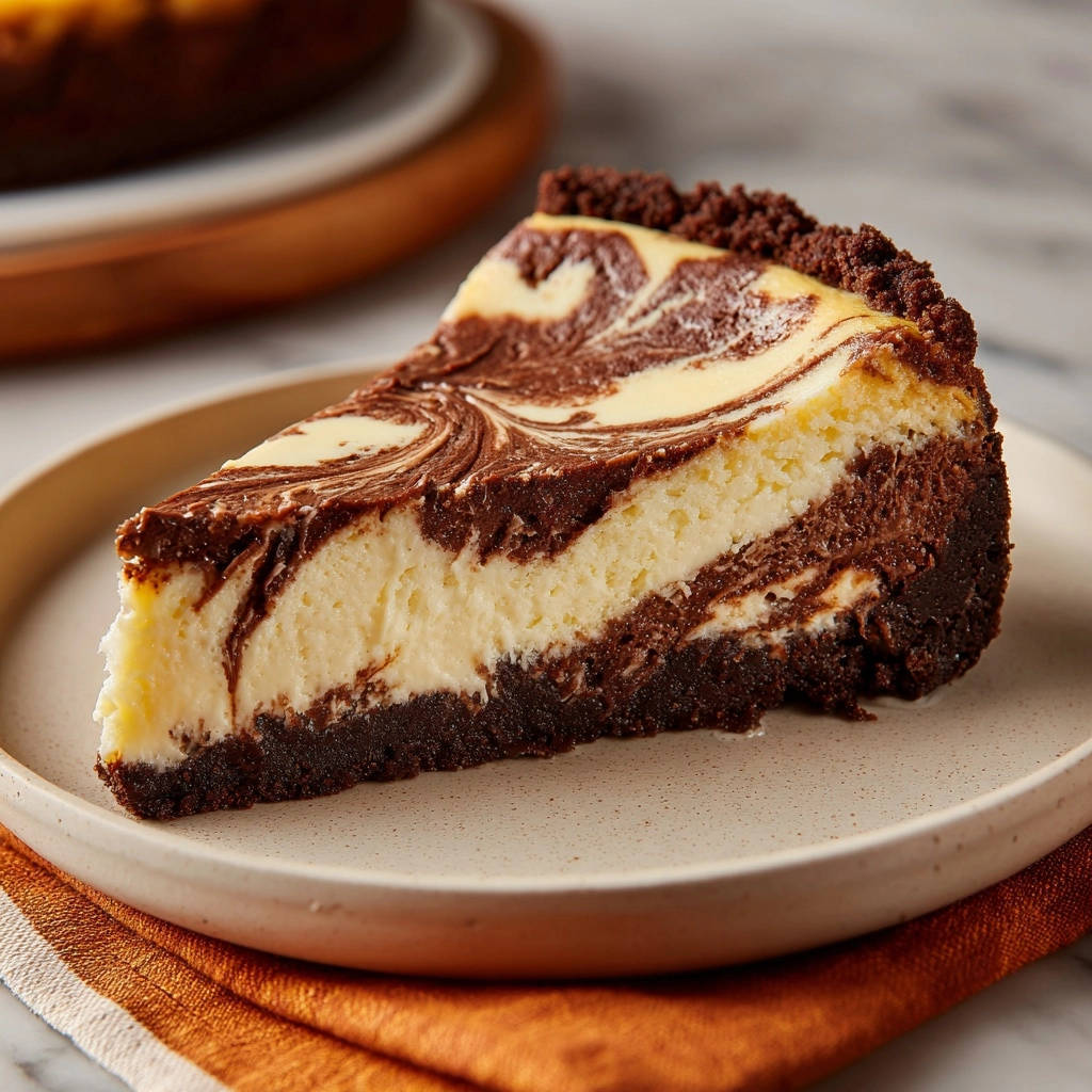 Schoko Marmor Cheesecake Angeschnitten 1 Schoko-Marmor-Cheesecake angeschnitten auf einem Teller, mit einer Nahaufnahme der cremigen Textur und des Schokoladenmusters.