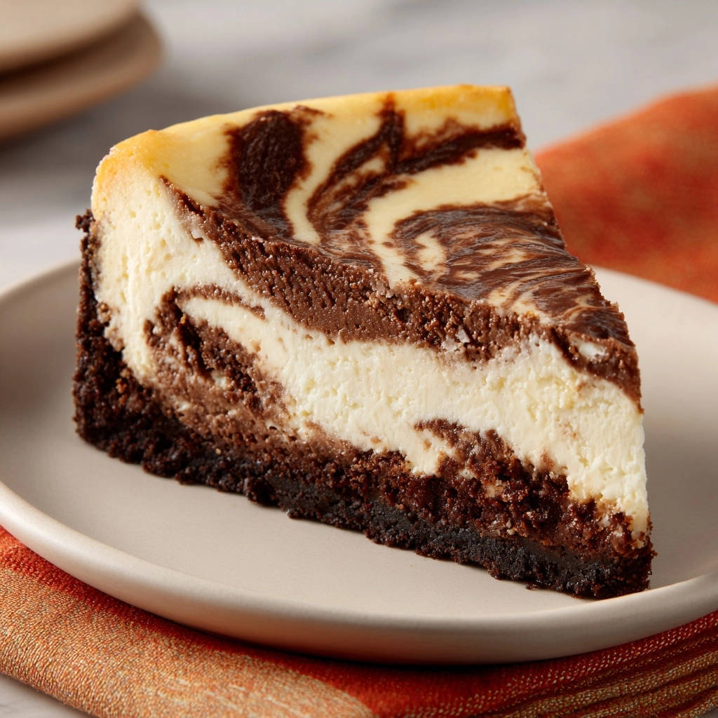 Schoko-Marmor-Cheesecake angeschnitten auf einem Teller, zeigt die cremige Textur und den Schokoladenwirbel innen.