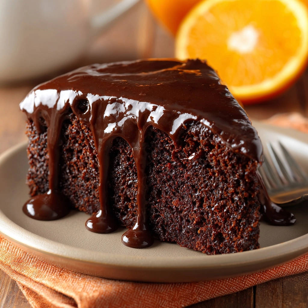 Saftiger Schoko-Orangen-Kuchen angeschnitten mit glänzender Schokoladenglasur und Orangenscheiben im Hintergrund.