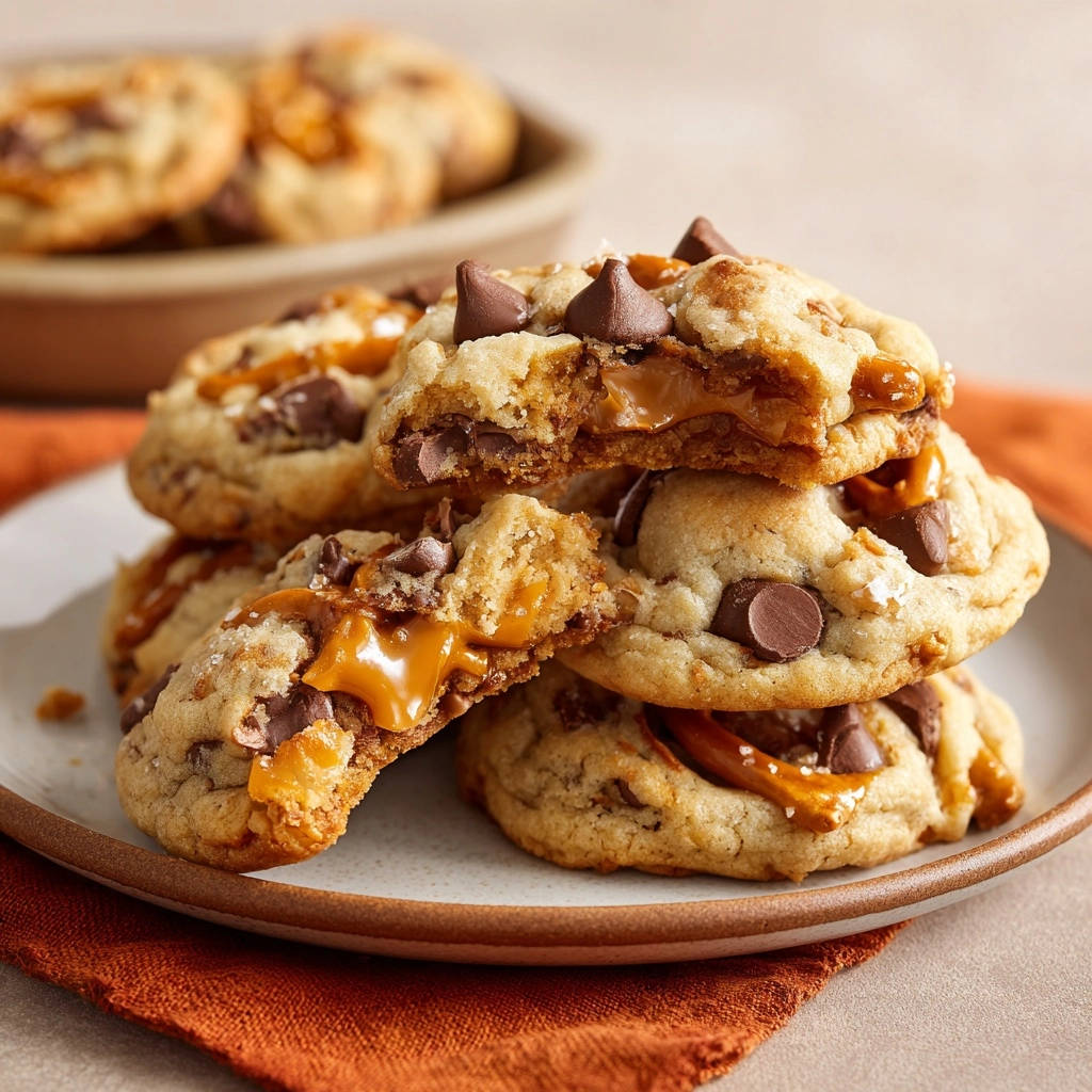 Schokoladen Karamell Salzbrezel Cookies Angeschnitten 1 Schokoladen-Karamell-Salzbrezel-Cookies angeschnitten mit geschmolzenem Karamell und Schokoladenstückchen, die aus dem Inneren fließen.