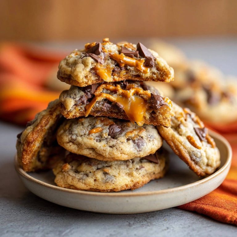 Schokoladen-Karamell-Salzbrezel-Cookies angeschnitten, die den zartschmelzenden Karamellkern und Schokoladenstückchen zeigen.