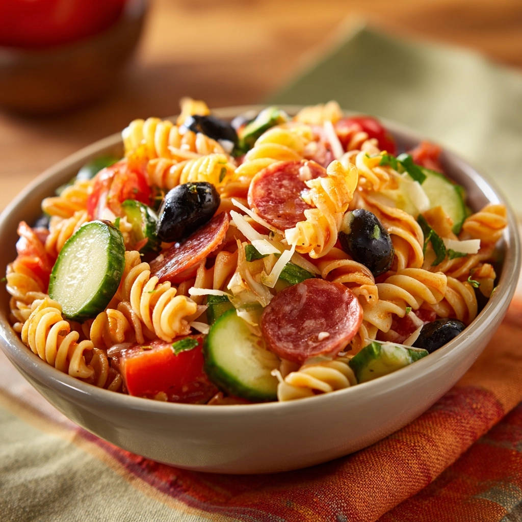 Sommerlicher Fusilli-Salat in einer Schüssel mit Salamischeiben, Oliven und Gurkenstücken, Nahaufnahme