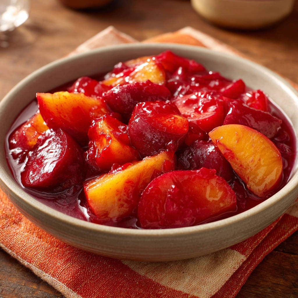 Sommerliches Fruchtkompott Nahaufnahme In Schuessel 1 Sommerliches Fruchtkompott in einer Schüssel, nahaufnahme der leuchtend roten und gelben Fruchtstücke mit Sirup.
