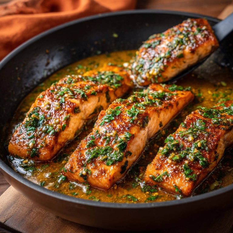 Sonniges Lachsfilet in Kräuter-Knoblauch-Soße aus der Pfanne, mit frischen Kräutern garniert und in köstlicher Soße serviert.