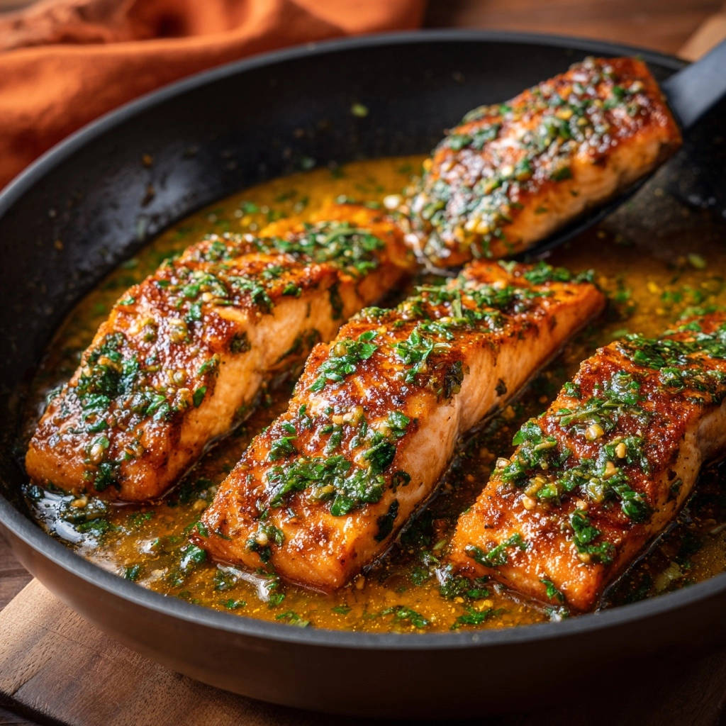 Sonniges Lachsfilet in Kräuter-Knoblauch-Soße aus der Pfanne, mit frischen Kräutern garniert und in köstlicher Soße serviert.