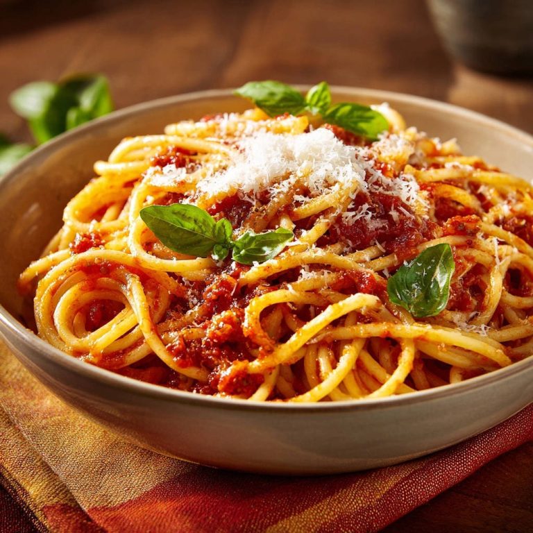 Klassische Spaghetti mit Tomaten-Basilikum-Soße, garniert mit frischem Basilikum und Parmesan