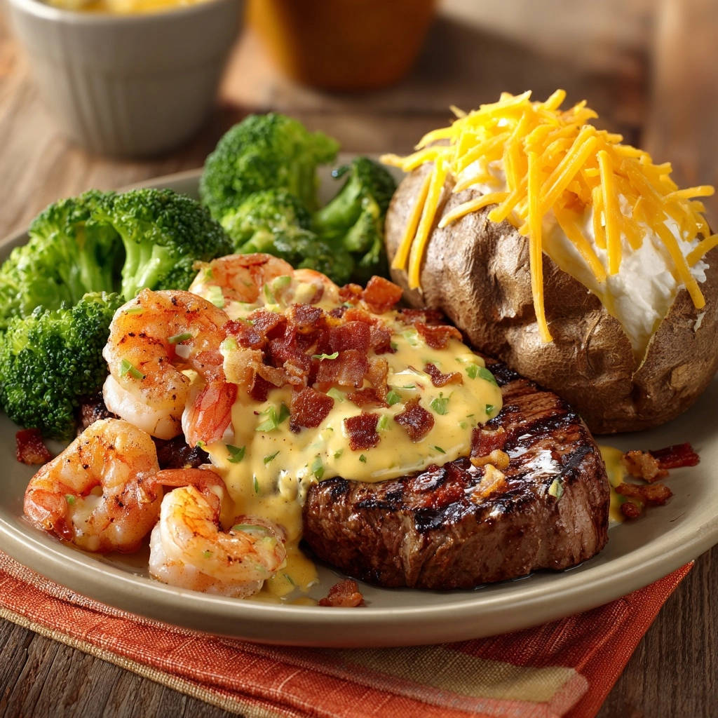 Luxuriöser Steak & Garnelen Teller mit Beilagen aus Brokkoli, Baked Potato und Käse, serviert auf einem Teller.