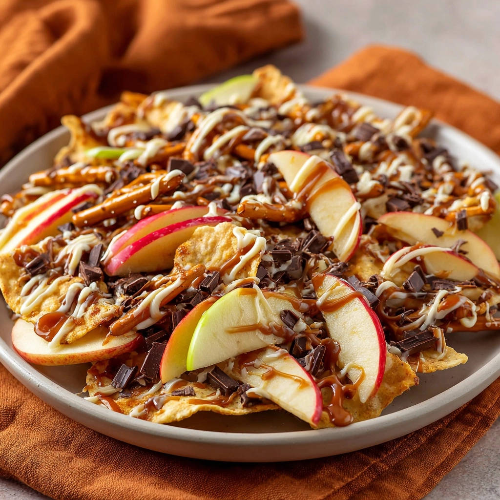 Suesse Apfel Crunch Nachos Detail Garniert 1 Süße Apfel-Crunch-Nachos, detailreich garniert mit Apfelstücken, Schokolade und Karamell.