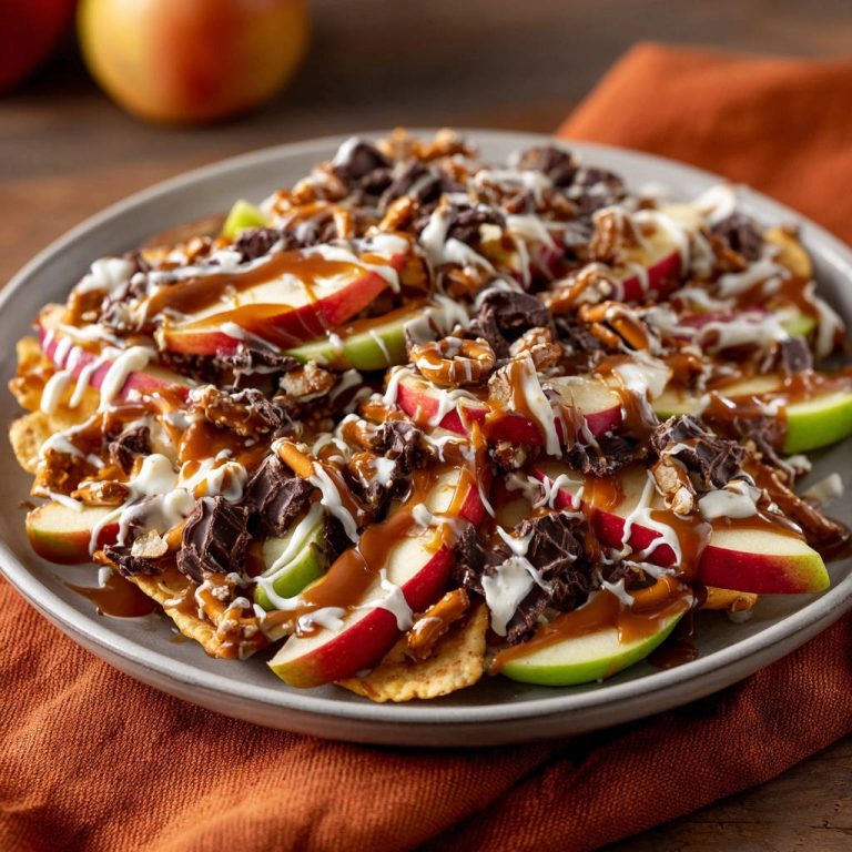 Süße Apfel-Crunch-Nachos, ein köstlicher Dessert-Snack mit Apfelstücken, Schokolade und Karamellsauce, garniert auf einem Teller.