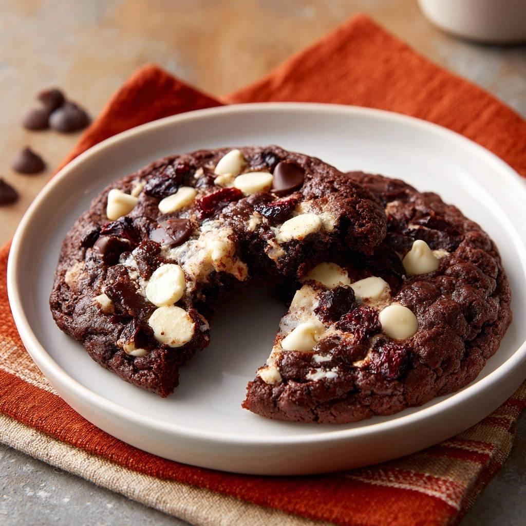 Saftige Triple Chocolate Cranberry Cookies angeschnitten auf einem Teller mit weißen und dunklen Schokoladenstückchen und Cranberries.