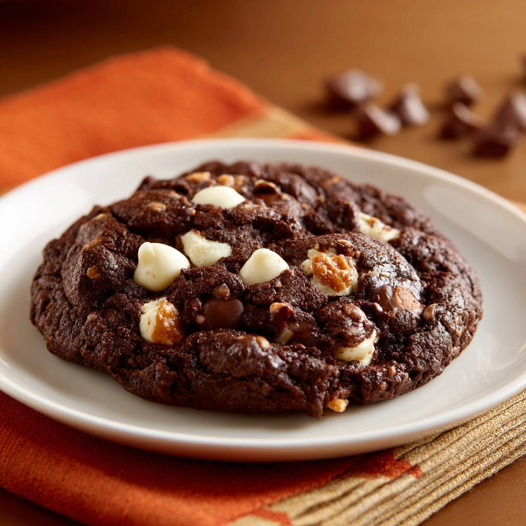 Triple Chocolate Cranberry Cookies Nahaufnahme Teller 1 Saftige Triple Chocolate Cranberry Cookies auf einem weißen Teller, Nahaufnahme mit sichtbaren Schokoladenstückchen und Cranberries.