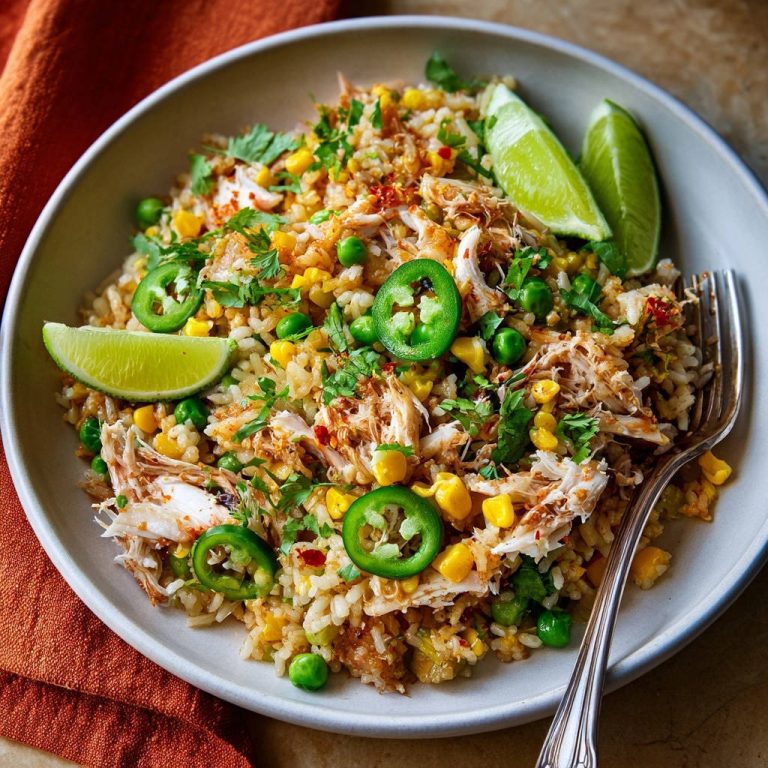 Würziger Hähnchen-Reis-Bowl, garniert mit frischen Limettenspalten, Jalapeños und Koriander, serviert in einer Schüssel.