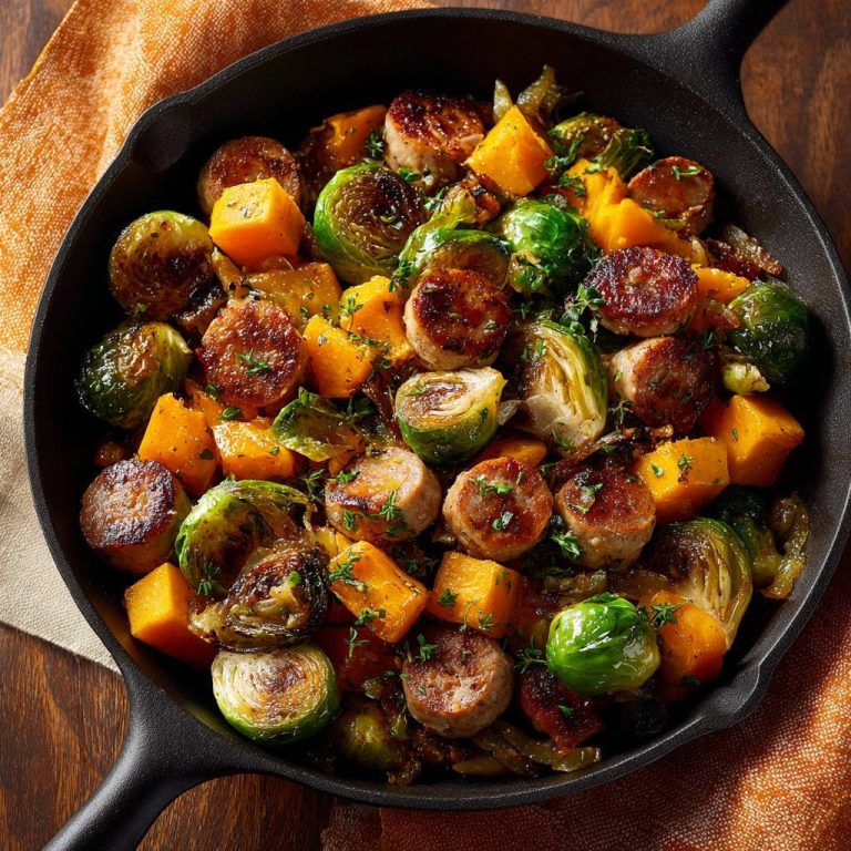 Herzhafte Wurstpfanne mit Kürbis und Rosenkohl, im schwarzen Gusseisen serviert von oben gesehen.