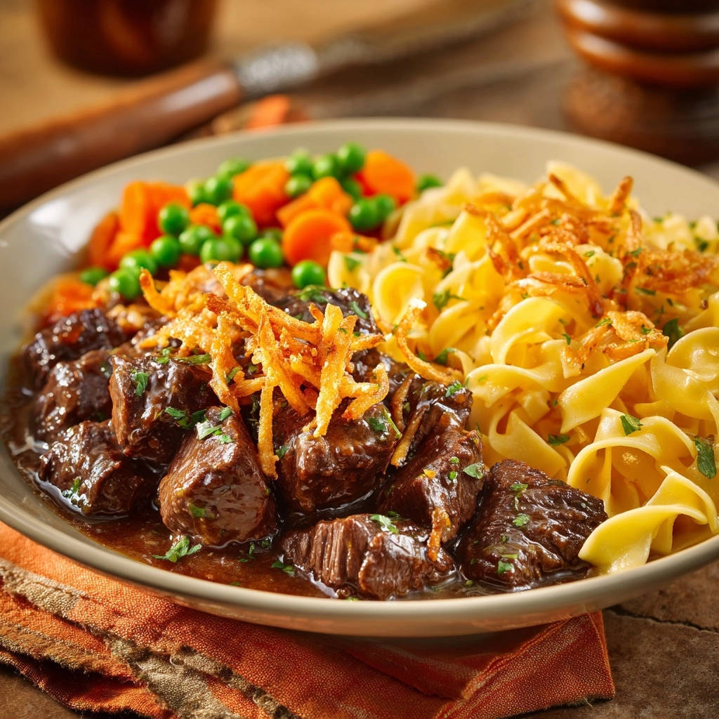 Deftiger Rinderschmortopf mit Bandnudeln und Gemüse