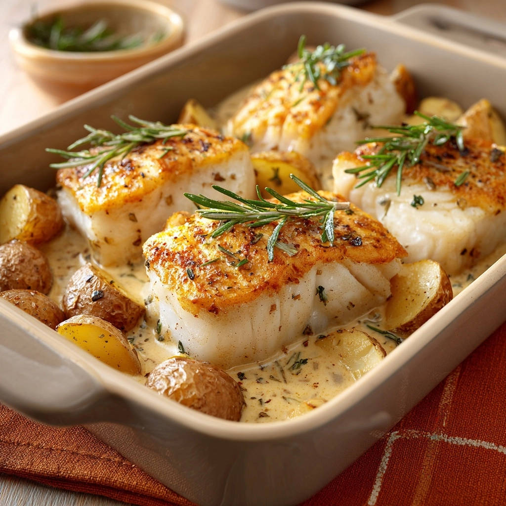 Goldbrauner Fisch in cremiger Rosmarin-Soße mit Ofenkartoffeln