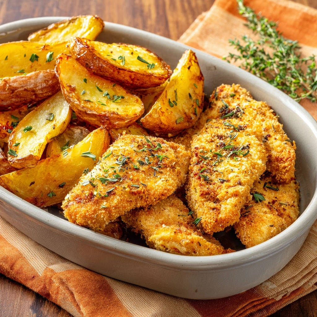 Saftige Hähnchen-Streifen mit knusprigen Kartoffelecken