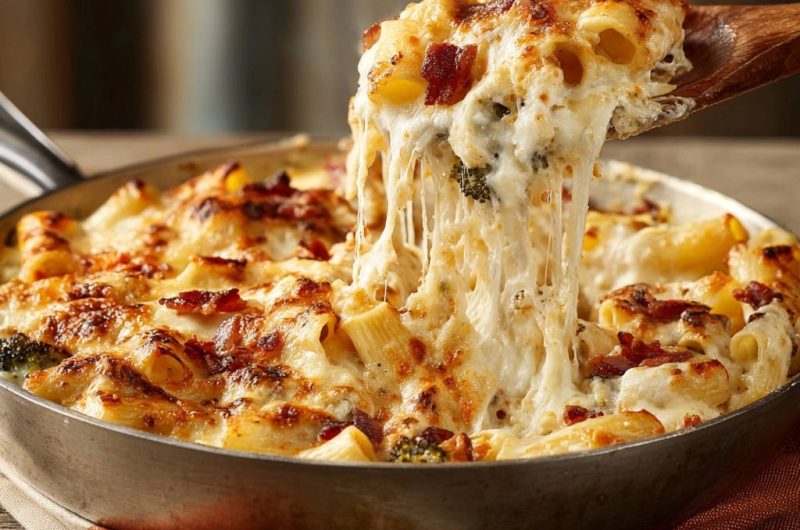 Cremiger Nudelauflauf mit Brokkoli und knusprigem Bacon