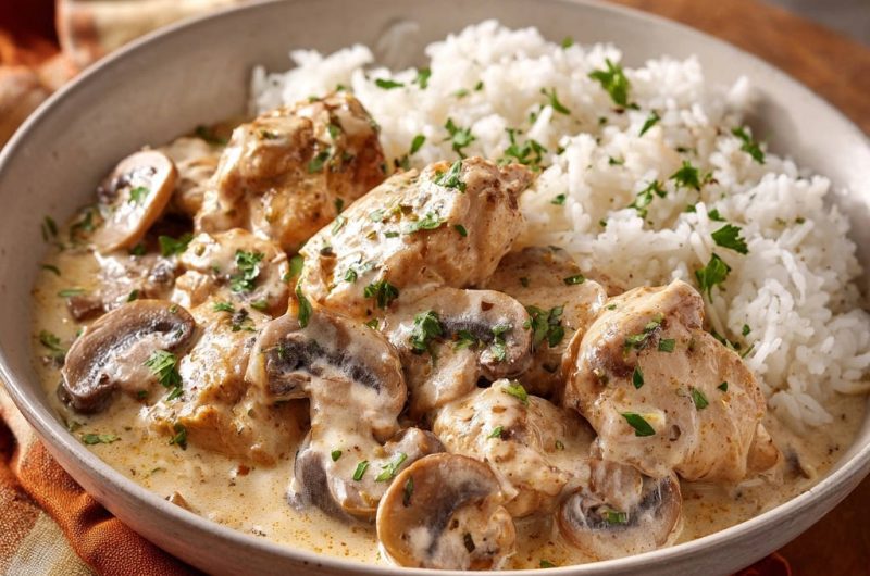 Cremiges Pilz-Hähnchen mit Reis