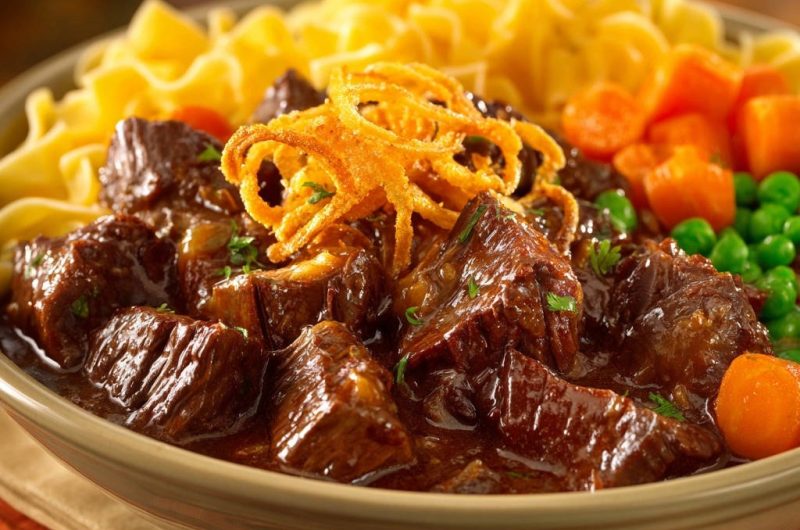 Deftiger Rinderschmortopf mit Bandnudeln und Gemüse