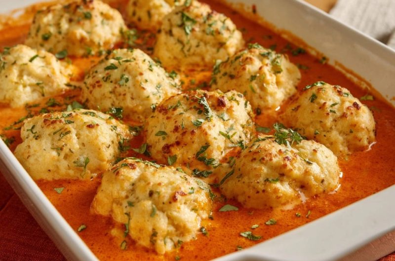 Gebackene Ricotta-Klöße in cremiger Tomatensoße