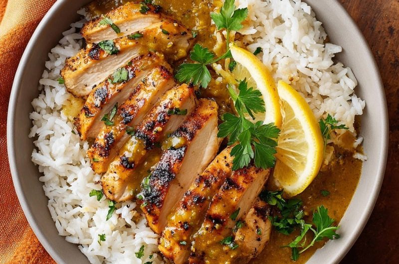 Gegrilltes Hähnchen mit aromatischer Curry-Zitronensauce und Reis