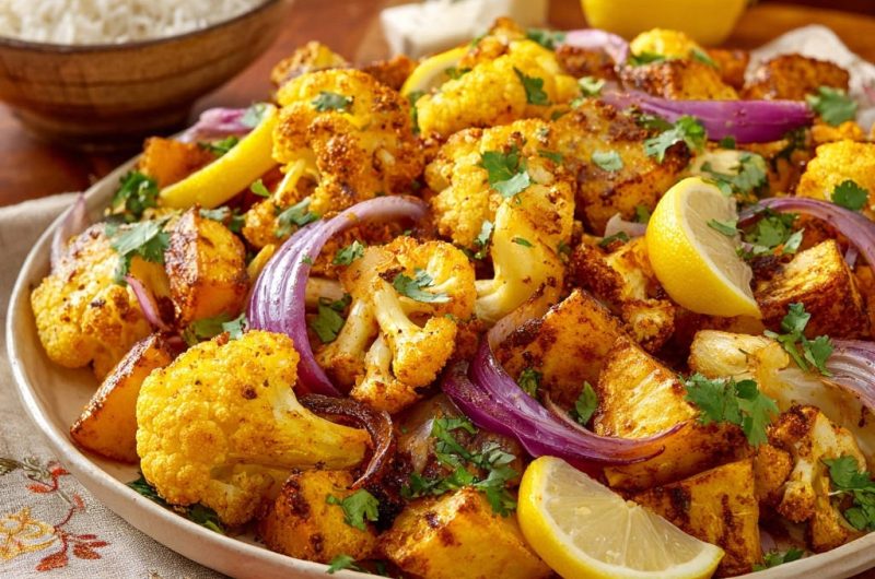 Gerösteter Blumenkohl und Kartoffeln mit Kurkuma-Zitronen-Marinade