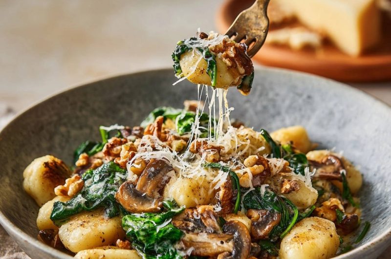 Gnocchi Pfanne mit Pilzen, Spinat und Walnüssen