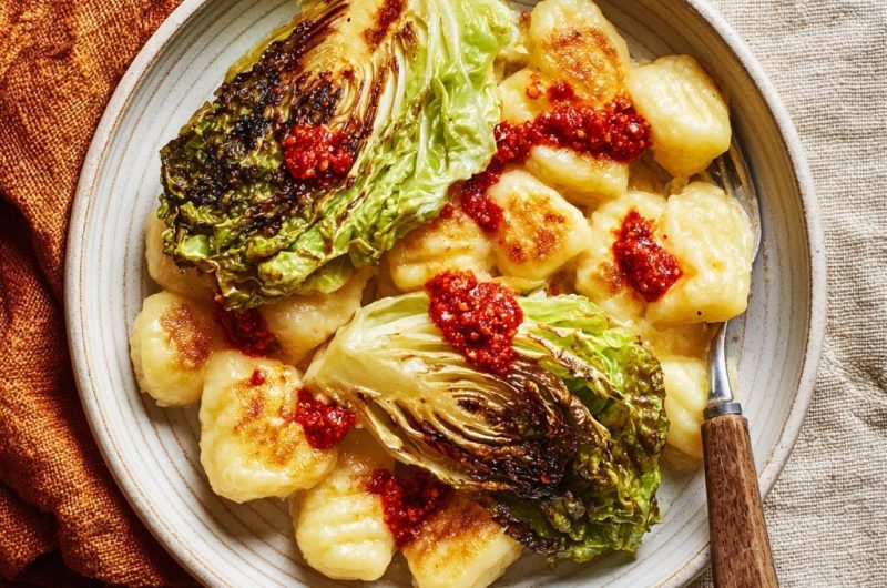 Goldbraune Gnocchi mit gebratenem Baby-Spitzkohl und pikanter Paprika-Creme