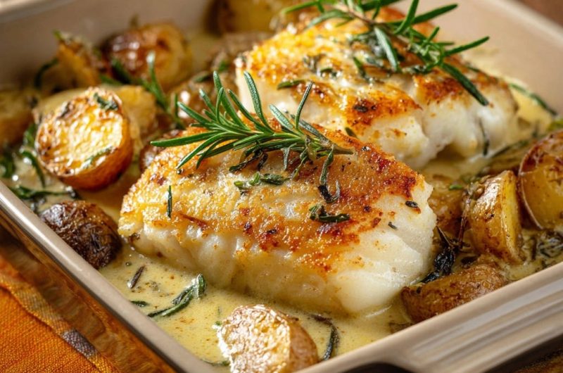 Goldbrauner Fisch in cremiger Rosmarin-Soße mit Ofenkartoffeln