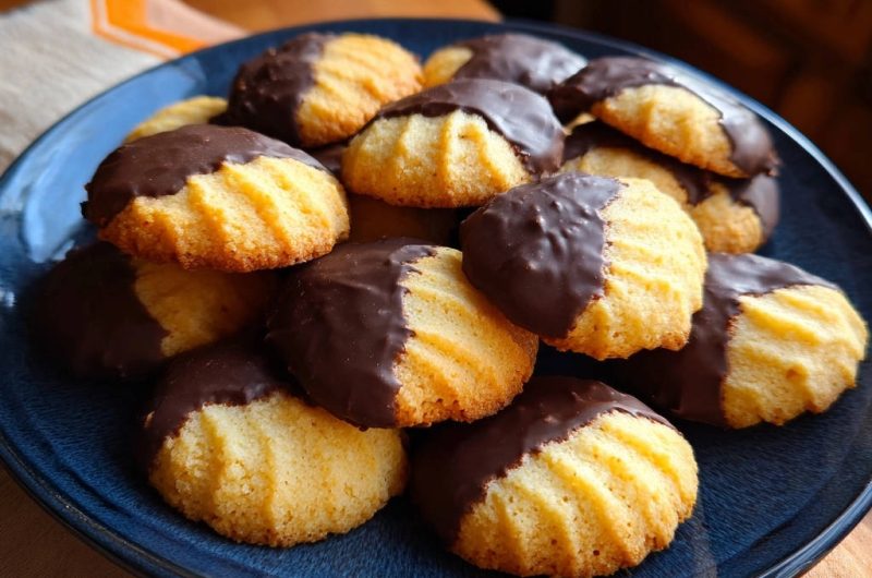Goldene Butterplätzchen mit Schoko-Überzug