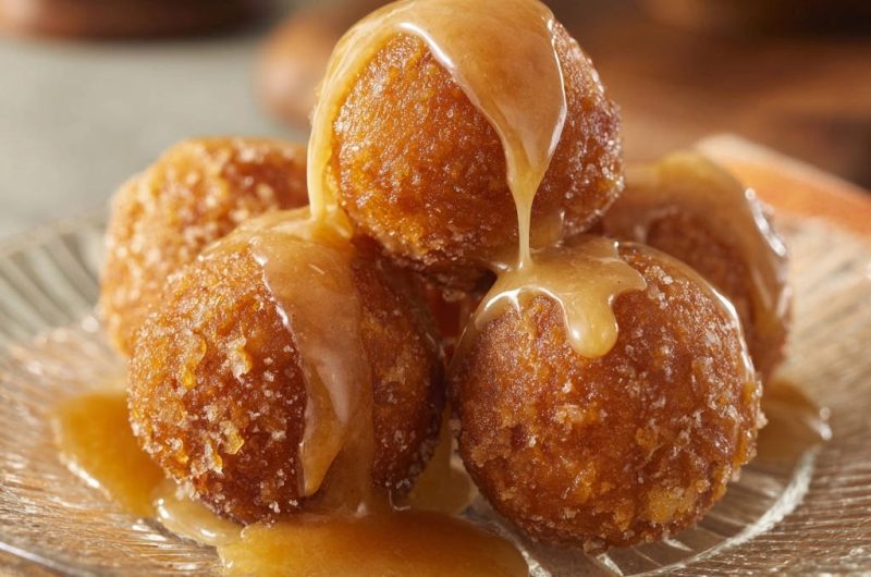 Goldene Zuckerkugeln mit Karamellsauce