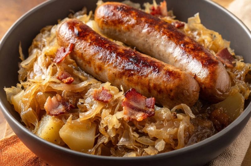 Herzhafte Bratwurst-Pfanne mit Speckkraut und Kartoffeln