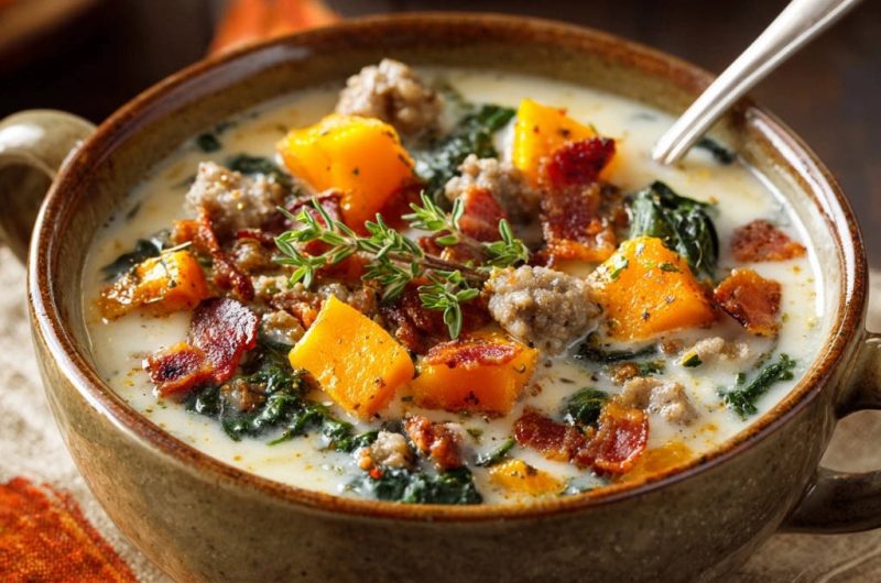 Herzhafte Herbst-Cremesuppe mit Kürbis, Grünkohl und Hackfleisch