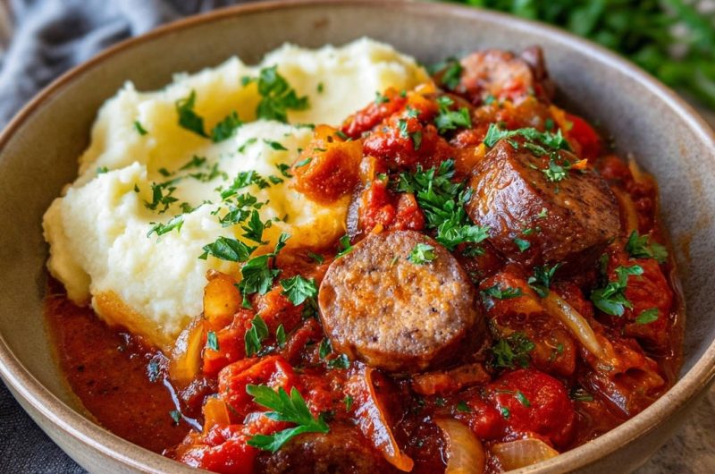 Herzhaftes Wurstgulasch mit cremigem Kartoffelbrei