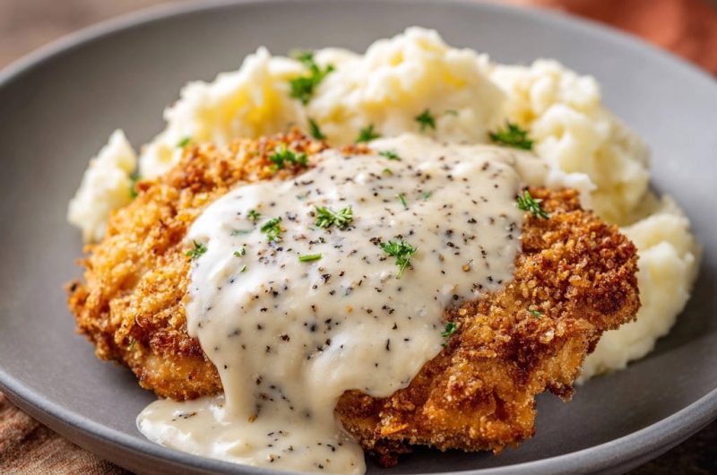 Knuspriges Hähnchen-Steak mit Pfeffer-Rahmsoße und Kartoffelpüree