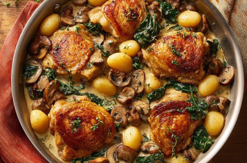 Pfannen-Hähnchen mit Babykartoffeln, Pilzen und Spinat in Cremesauce