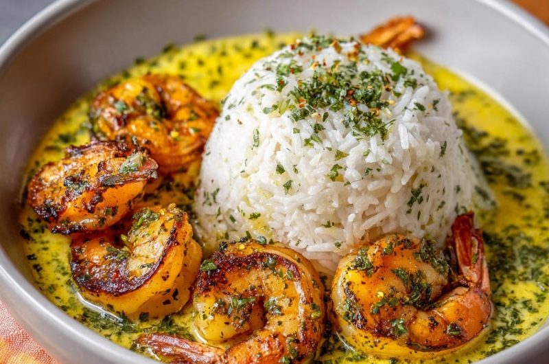 Saftige Garnelen mit duftendem Kräuterreis und Zitronen-Butter-Sauce