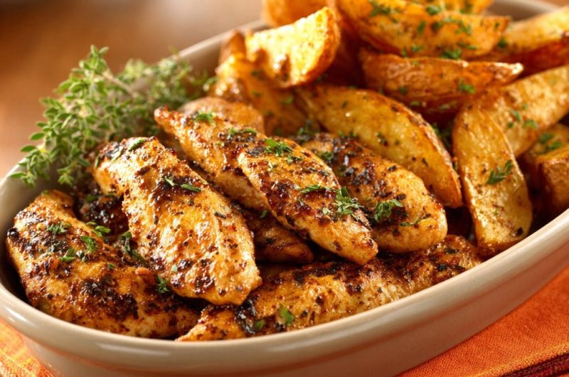 Saftige Hähnchen-Streifen mit knusprigen Kartoffelecken