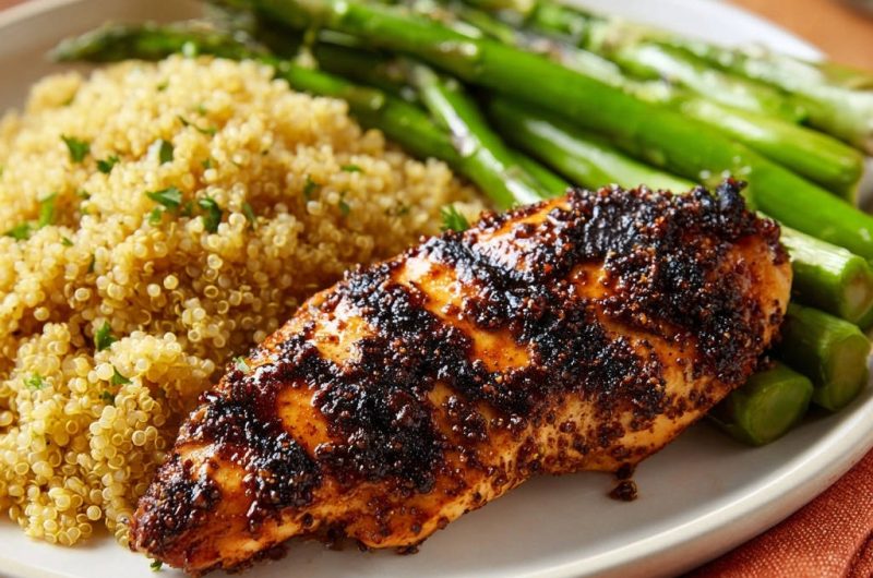 Saftiges Cajun-Hähnchen mit Quinoa und Spargel