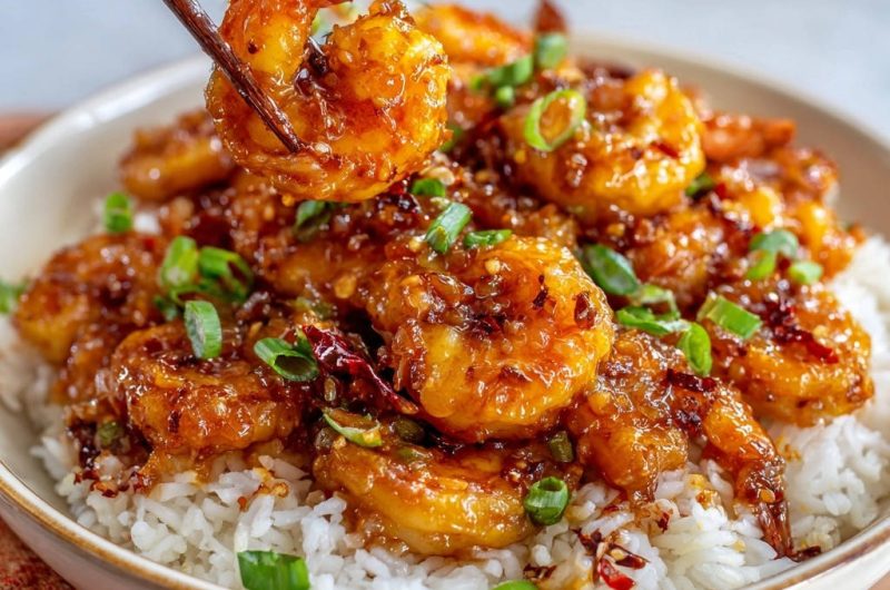 Würzige Honig-Chili Garnelen mit Reis