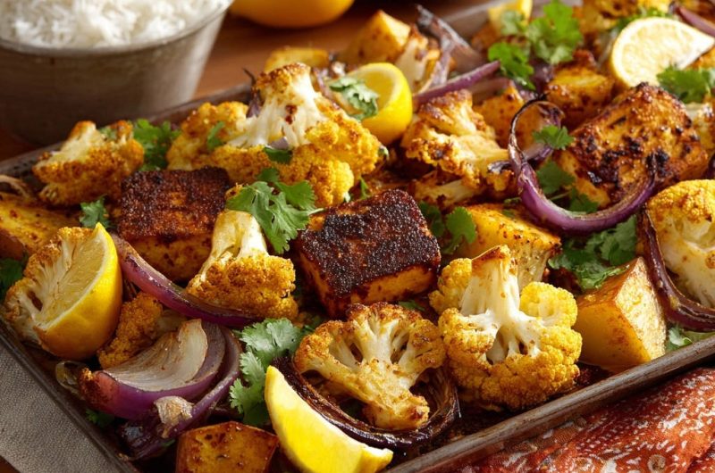 Würziger Tofu und Blumenkohl vom Blech