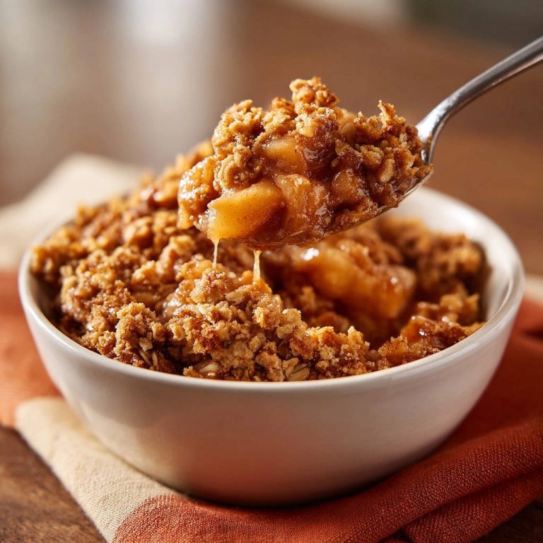 Mein unwiderstehlicher Apfel-Crumble mit einem Löffel voll, der die saftige Füllung und knusprige Streusel zeigt.
