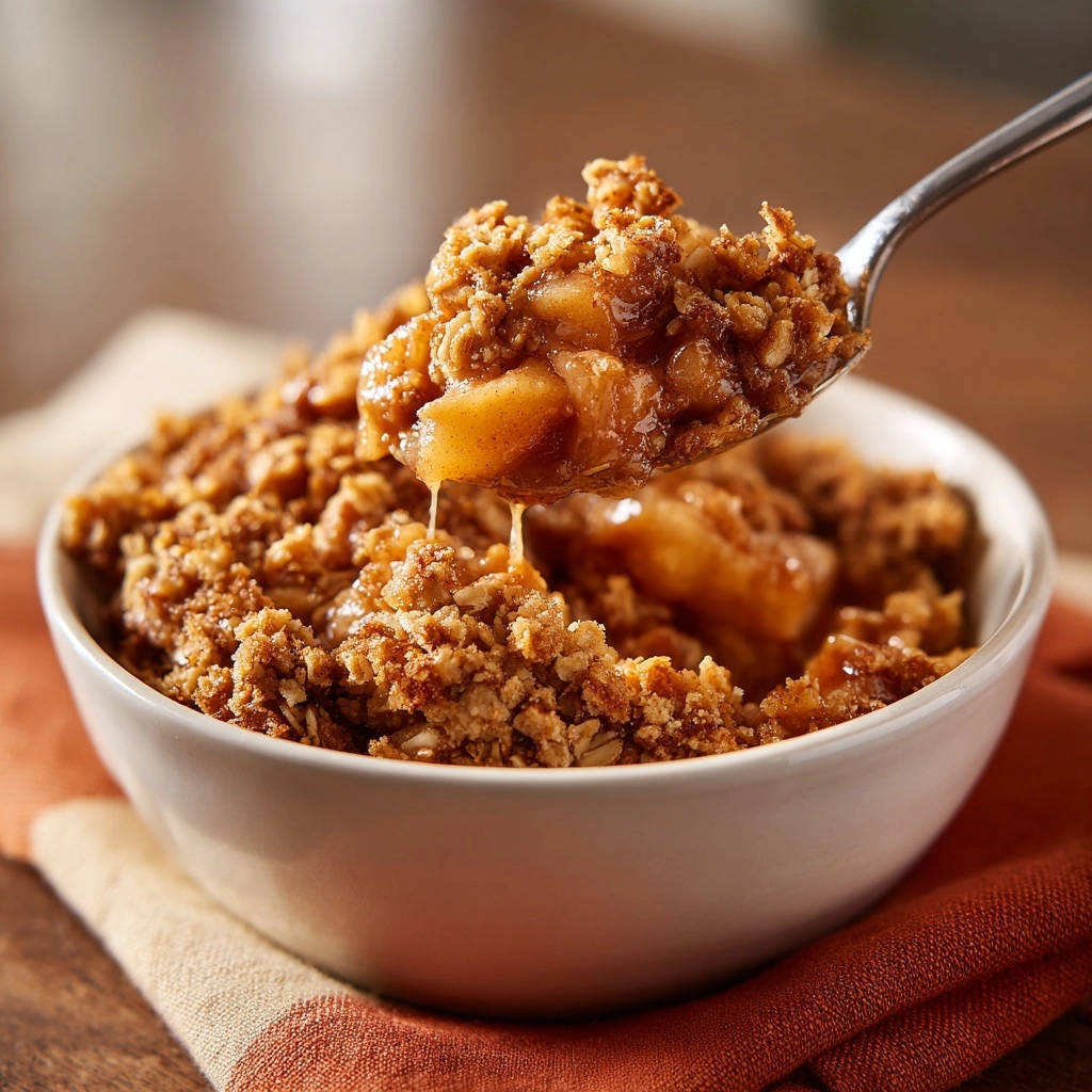 Mein unwiderstehlicher Apfel-Crumble mit einem Löffel voll, der die saftige Füllung und knusprige Streusel zeigt.