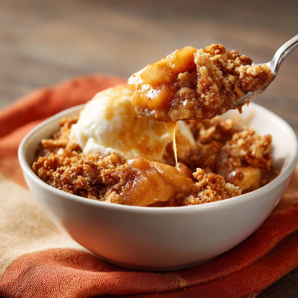 Apfel Crumble Lffel Mit Streuseln Und Eis 1 Mein unwiderstehlicher Apfel-Crumble mit Vanilleeis, eine Löffelprobe zeigt die knusprigen Streusel und die weichen Äpfel.