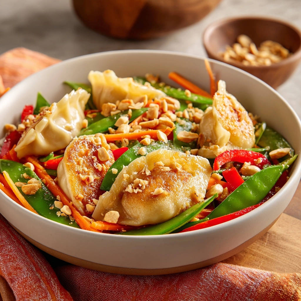 Asiatische Teigtaschen Pfanne Mit Gemuese Und Erdnssen 1 Asiatische Teigtaschen-Pfanne mit knackigem Gemüse und Erdnüssen, nahaufnahme der garnierten Speise in einer Schüssel