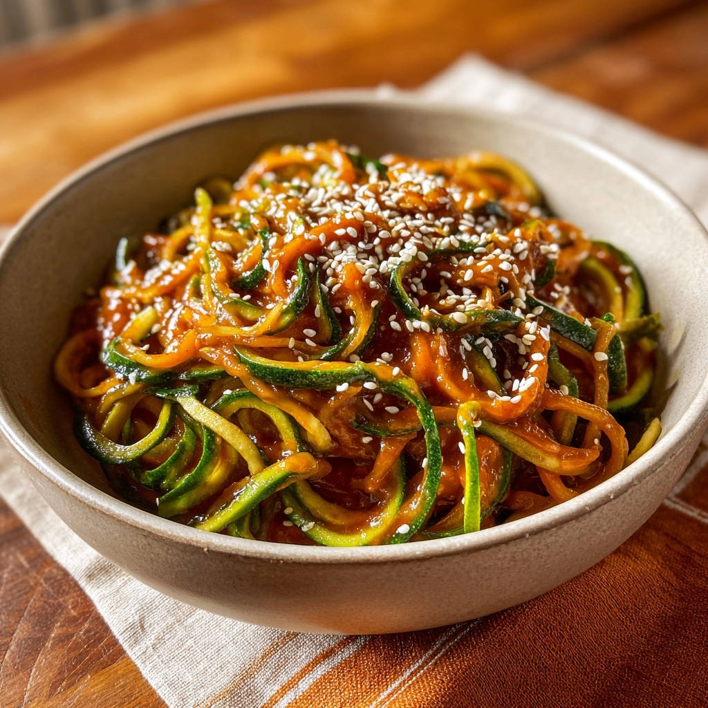 Asiatische Zucchini-Nudeln mit Erdnuss-Chili-Sauce, nahaufnahme der Garnitur mit Sesam.
