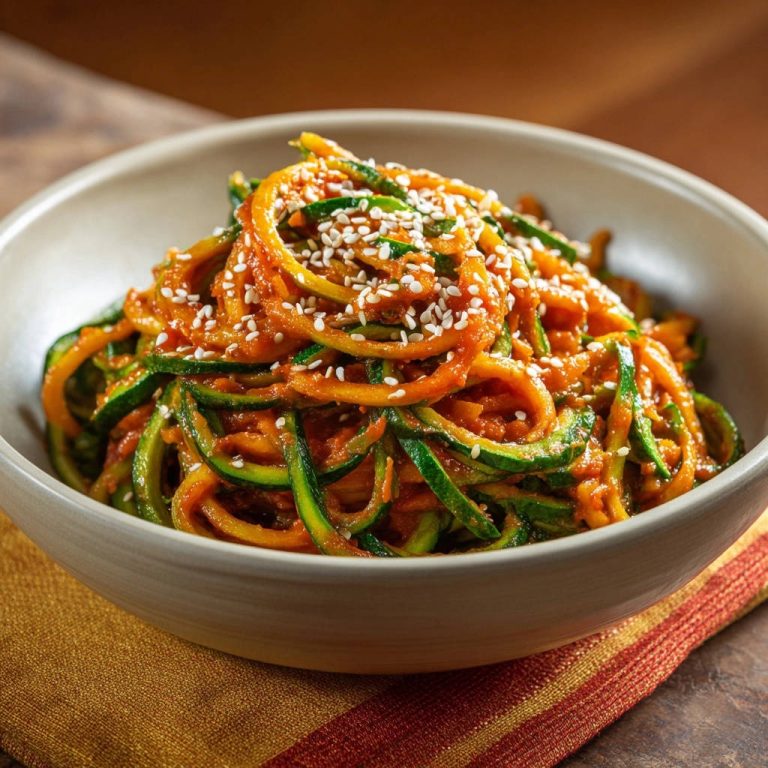 Asiatische Zucchini-Nudeln mit Erdnuss-Chili-Sauce, garniert mit gerösteten Sesamsamen in einer Schüssel.