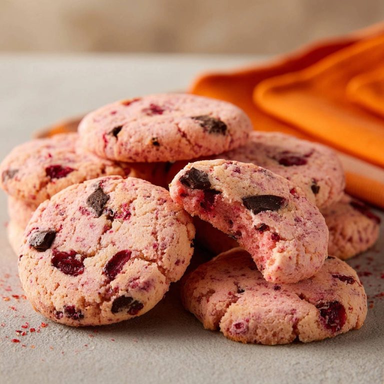 Beeren-Schoko-Cookies angeschnitten, die innen saftig und mit Schokoladenstückchen und Beeren gefüllt sind.