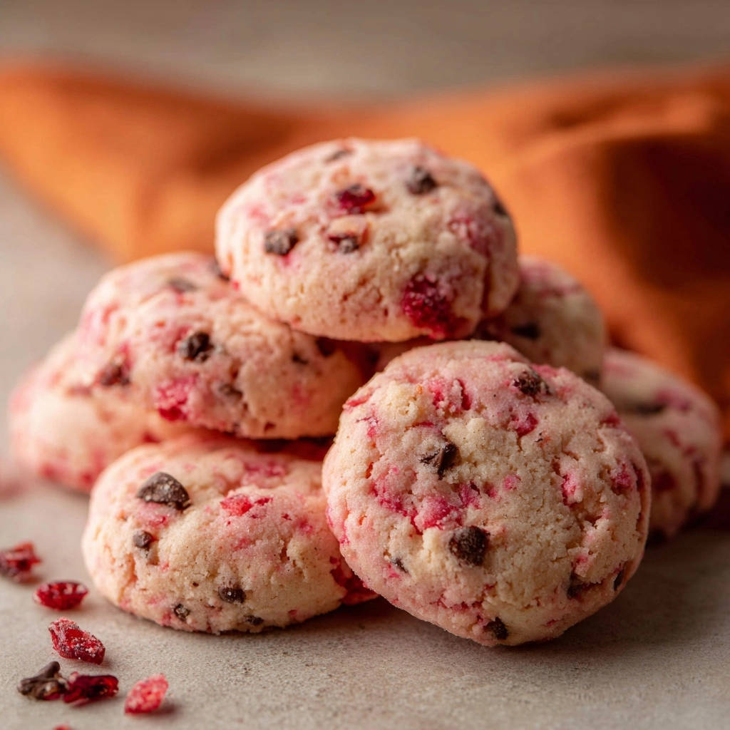 Beeren-Schoko-Cookies mit Schokostückchen, gestapelt und nah aufgenommen, zeigen die Textur der Kekse.